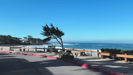 Driving-the-coastal-road-in-town-Carmel-by-the-Sea-with-the-view-over-ocean-and-cypress-trees