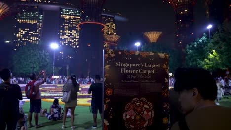 Schild-Mit-Der-Aufschrift-„Singapurs-Größter-Blumenteppich“-Mit-Besuchern,-Die-Nachts-Im-Hintergrund-Fotos-Machen,-In-Den-Gärten-An-Der-Bucht