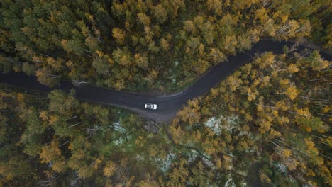 Aerial-fall-top-down-shot-following-car-drive-on-Alpine-loop-road-canyon