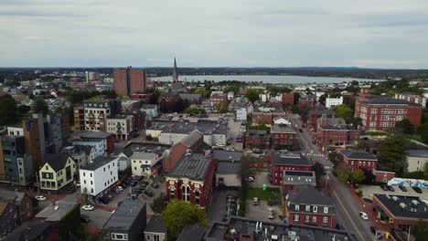 Downtown-Harbor-City-Skyline-Of-Portland-In-Maine,-Aerial-Shot