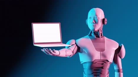 3D-Computer-generated-colourful-cyborg-unveils-latest-laptop-design