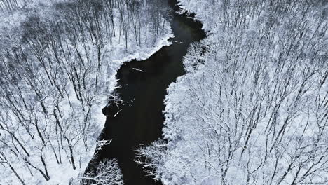 Drone-footage-flying-down-snowy-river-scene