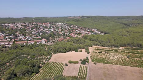 A-leisurely-slow-moving-drone-shot,-providing-an-enchanting-overlook-of-a-quaint-neighborhood-nestled-in-the-lush-hills-of-Spain