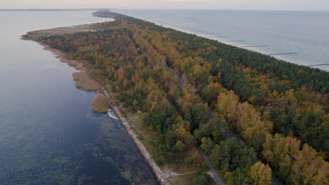 Aerial-perspective-of-a-curving-shoreline-with-dense-autumnal-forest-and-calm-sea---Kuźnica,-Poland