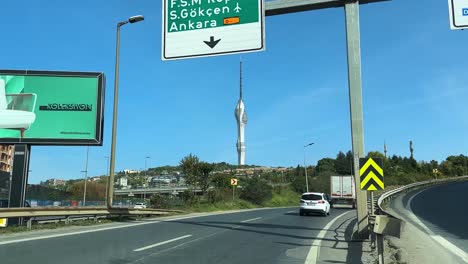 Traffic-in-Turkey-Istanbul-public-transportation-highway-tower-of-modern-city-high-building-in-Europe-Muslim-government-clean-air-population-pollution-tourism-destination-road-trip-drive-in-route