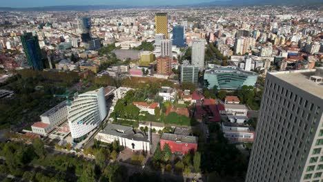 Urban-Elegance:-High-Towers-and-Old-world-Charm-Define-the-Streets-of-Tirana's-Capital-Center,-Showcasing-a-Fusion-of-Beautiful-Architectures