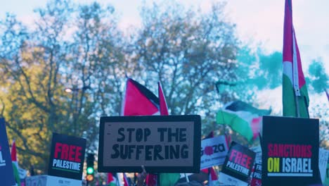 Protest-Placards-and-Palestinian-Flags-at-National-March-for-Palestine-and-Gaza-in-London,-UK