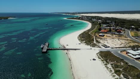 Aerial-view-of-pristine-Lancelin-Beach-white-sand-and-crystal-clear-turquoise-water-landscape,-Western-Australia