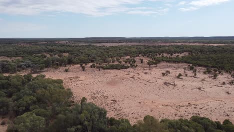 Drohne-Fliegt-über-Ein-Abgelegenes-Australisches-Outback-Land-Mit-Bäumen-Und-Einigen-Markanten-Flecken