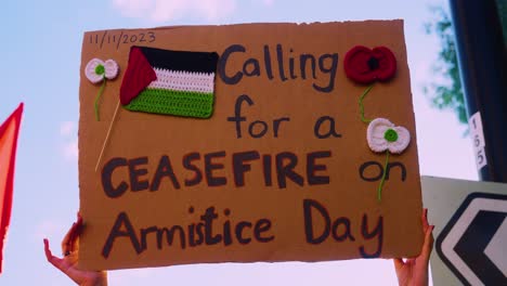 "Calling-for-a-Ceasefire-on-Armistice-Day"-Protest-Placard-at-National-March-for-Palestine-and-Gaza-in-London-on-Remembrance-Day