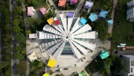 Iconic-Pyramid-of-Tirana,-A-Fascinating-Top-Down-View,-History-and-Modernity-in-the-Capital's-Architecture-and-Landscape