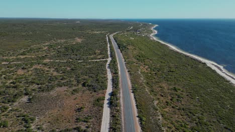 Aerial-view-of-Indian-Ocean-Drive-in-the-Australian-state,-Coastal-Highway-Scenic-Drive-alongside-sea,-Western-Australia
