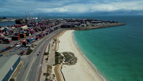Aerial-view-of-Fremantle-Harbour-Port-Perth-Australian-container-freight-service,-Logistic-import-and-export-freight-transportation-at-Port-Beach-Road,-Perth,-Western-Australia