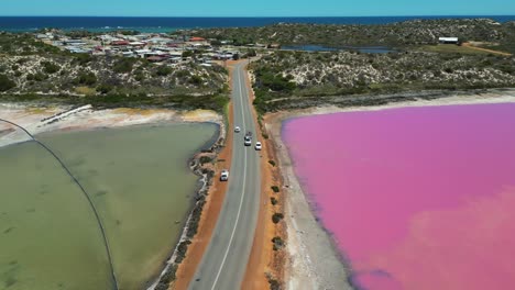 Scenic-aerial-view-of-the-Hutt-Lagoon-Pink-Lake-landscape,-Hutt-Lagoon-Marine-Salt-Lake-on-Coral-Coast-near-Port-Gregory,-Romantic-travel,-Australia
