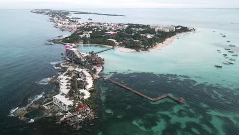 Aerial-tropical-beach-resort-in-Isla-Mujeres-Mexico-Yucatan-peninsula-riviera-Maya-holiday-travel-destination-drone-high-angle-footage