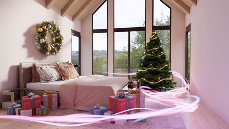 Modernes-Schlafzimmer-Mit-Weihnachtsgeschenken-Und-Dekorierter-Fichte---3D-Innenarchitektur