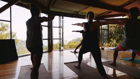 Yoga-class-in-treetop-studio-with-people-holding-warrior-pose
