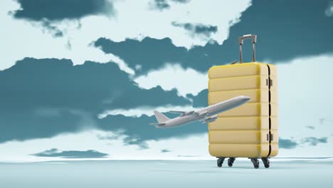 Flugzeug-Fliegt-Vor-Gelbem-Koffer,-3D-Rendering,-Animation,-Bewölkter-Himmel-Im-Zeitraffer,-Reisen,-Urlaubshintergrund