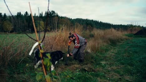 Alaskan-Malamute-Hund-Beobachtet-Mann-Beim-Graben-Von-Erde-Auf-Dem-Feld-In-Norwegen