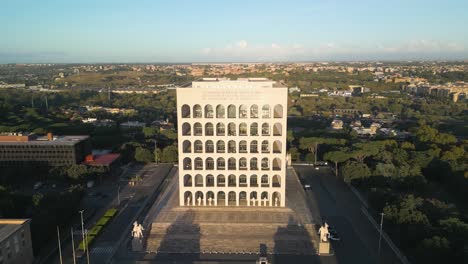 Forward-Drone-Shot-Above-Palace-of-Italian-Civilization-in-Modern-EUR-District-of-Rome