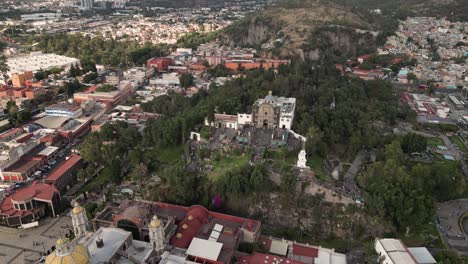 Capilla-del-Cerrito-in-the-Villa-Basilica-de-Guadalupe,-Mexico-City,-through-drone-video