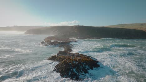 Aerial-seascape-view-of-rough,-wild-waves-breaking-over-kelp-and-seaweed-covered-rocks-on-the-coastline-of-Slope-Point-in-the-South-Island-of-New-Zealand-Aotearoa