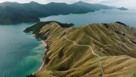 High-aerial-landscape-view-of-mainland-Te-Aumiti-French-Pass-and-D'Urville-Island-in-beautiful-Marlborough-Sounds,-South-Island-of-New-Zealand-Aotearoa