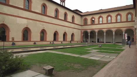 Inner-Yard-of-Sforzesco-Castle-with-Water-Pool-with-People-Walking-Around