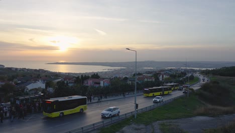Istanbul,-Turkey,-November-10,-2023,-E5-Highway,-view-of-Buyukcekmece-Bay-during-the-setting-sun,-Tuyap-Bus-Station