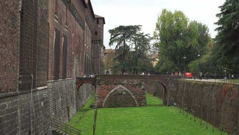 Defense-Moat-of-Sforzesco-Castle-with-Stone-Bridge-in-Background