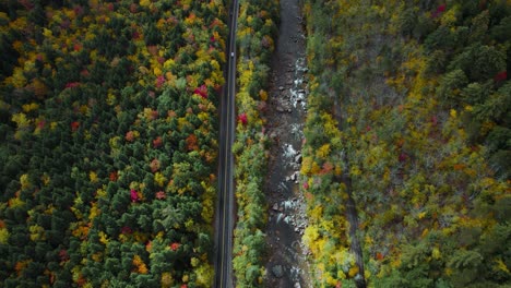 Breathtaking-Aerial-of-Kancamagus-Highway-Road-with-Autumn-Fall-Foliage