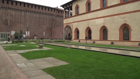 Inner-Yard-of-Sforzesco-Castle-with-Water-Pool-and-Tourists-Visiting-Castle