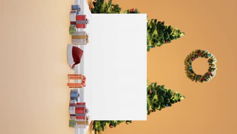 Festliche-Feiertagsanzeige-Mit-Weihnachtsdekorationsmodell,-Gelbem-Hintergrund-Vertikal