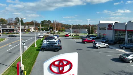 Toyota-car-dealership-in-USA.-Aerial-rising-shot