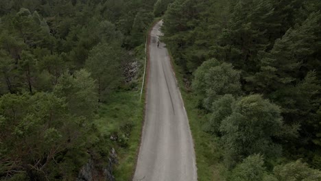 Aerial-top-down-shot-of-person-jogging-on-road-between-blowing-forest-trees-on-grey-day-in-Norway