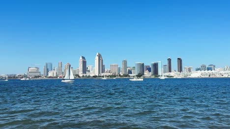 San-Diego-Downtown-waterfront-panorama,-with-boats-on-water-and-urban-architecture