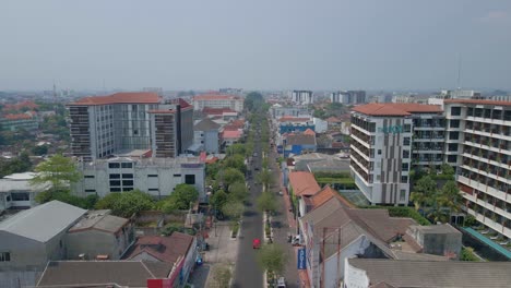 Aerial-view-of-Yogyakarta-city-with-main-traffic-street-skyscraper-construction-building