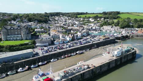 Low-panning-drone,aerial--Padstow-harbour--Cornwall-UK