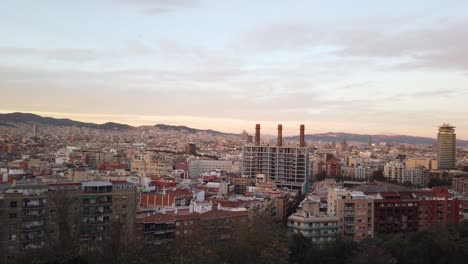 Panoramic-Aerial-Cityscape-of-Barcelona-City-from-Montjiuc-Hill,-Spain-Skyline