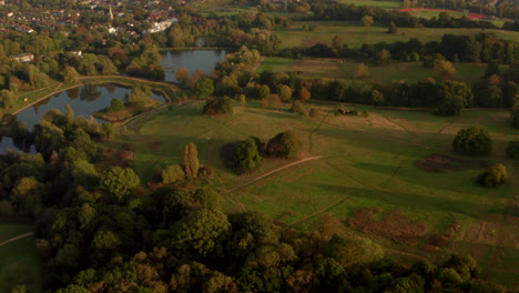 Circling-aerial-shot-over-central-Hampstead-Heath-park-London