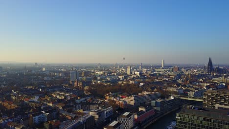 A-pan-drone-shot-of-the-cityscape-of-Cologne-in-Germany