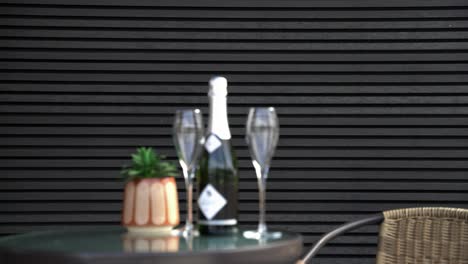 Luxury-setting-with-bottle-of-champagne-and-flute-glasses-sat-on-garden-table-with-thin-black-cladding-in-background-also-showing-garden-plant