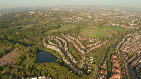 Aerial-shot-over-wealthy-neighbourhood-Hampstead-Heath-London