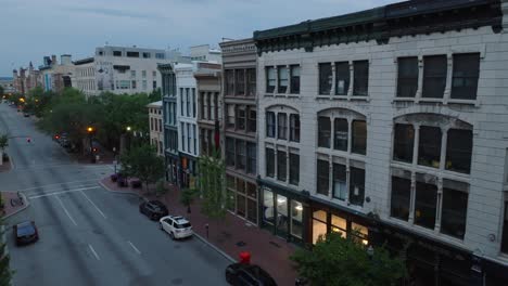 Aerial-view-of-Louisville-historic-Main-Street-at-dawn-with-classic-architecture-and-street-lamps