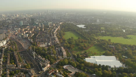Circling-aerial-shot-over-East-Regents-park-looking-towards-Marylebone