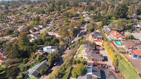 Tree-trimming-maintenance-work-with-crane-on-residential-street,-aerial-establishing-view