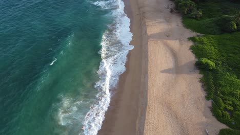 Aerial-top-down-view-over-clear,-transparent-ocean-water-foaming-at-the-shore,-washing-the-golden-sand-of-the-beach