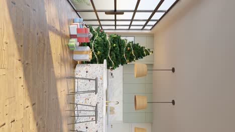 Cocina-Elegante-Con-Mesa-De-Bar,-Sillas-Y-Decoración-Navideña:-Diseño-De-Interiores-3D-Vertical.