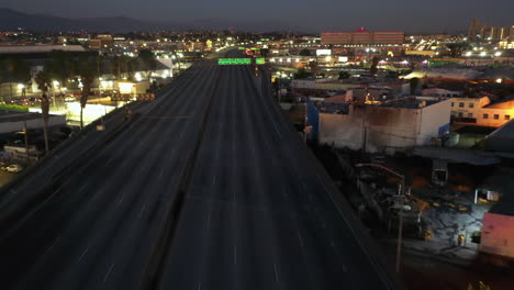 Aerial-view-over-the-closed-interstate-10,-due-to-a-fire-in-Los-Angeles,-USA