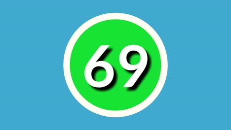 Número-69-Sesenta-Y-Nueve-Gráficos-De-Movimiento-De-Animación-De-Símbolo-De-Signo-En-Esfera-Verde-Sobre-Fondo-Azul,-Número-De-Vídeo-De-Dibujos-Animados-De-4k-Para-Elementos-De-Vídeo